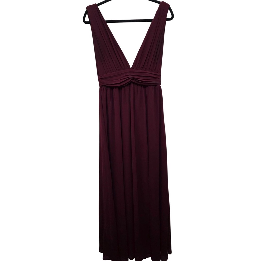 LULUS Elegant Burgundy Maxi Gown Bridesmaid Dress Deep V-Neck & Pleated Bodice S